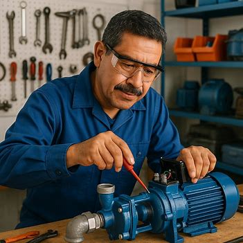 تکنسین در حال سرویس و بررسی پمپ آب خانگی